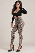 Black Long-Sleeve Cutout Top & Snakeskin Print Leggings Set