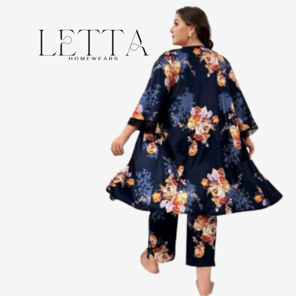 Luxury Plus Size 3-Piece Navy Floral Lounge Set
