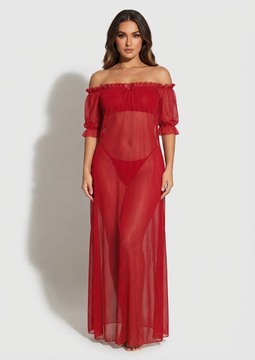 Off-Shoulder Sheer Maxi Nightgown