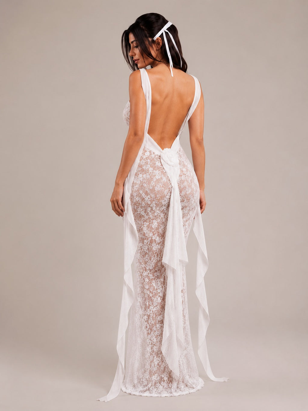 Ivory Lace Corset Maxi Gown with Drapes