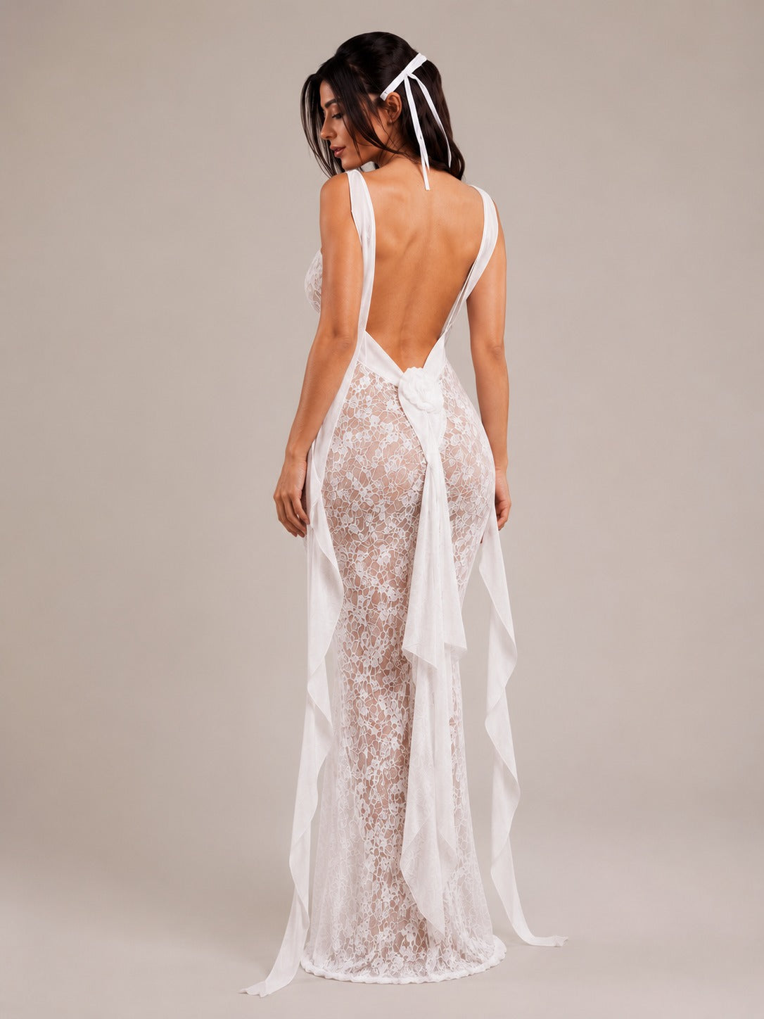 Ivory Lace Corset Maxi Gown with Drapes