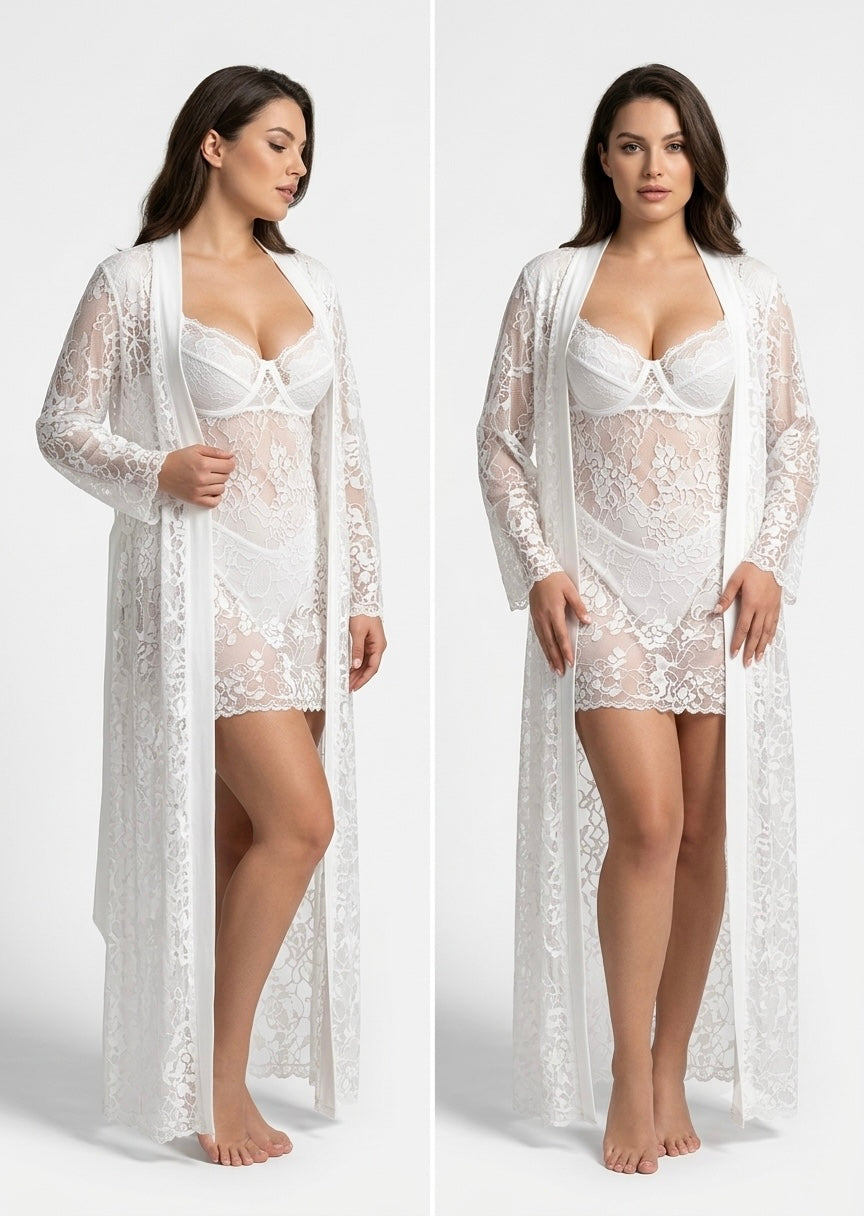 Ethereal White Lace Robe & Chemise Set