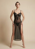 Emerald Green Sheer Lace Slit Maxi Nightgown