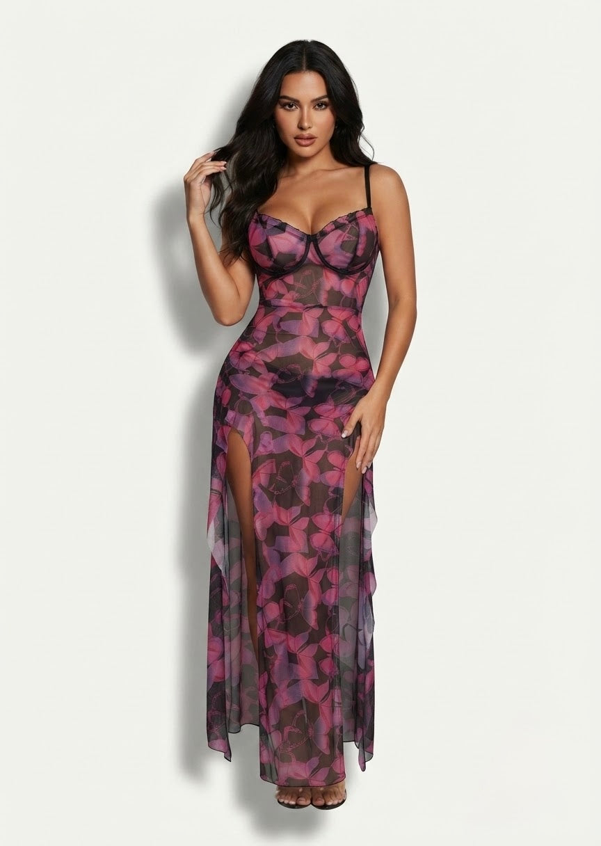Pink & Purple Butterfly Sheer Maxi Nightgown
