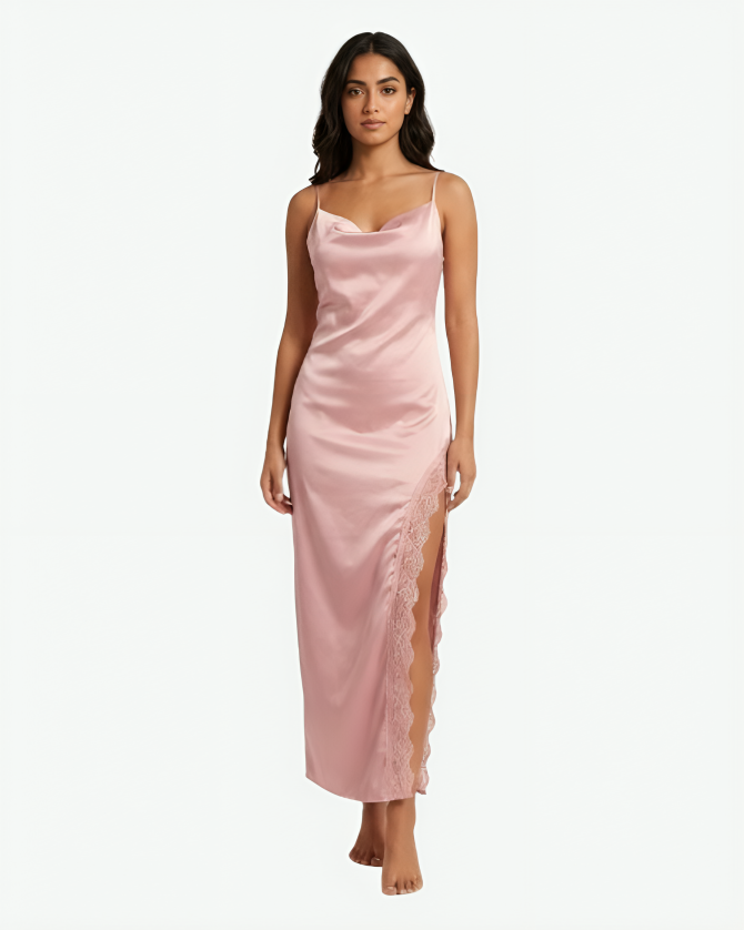 Long Satin Nightgown with Cowl Neck & Lace Side Slit