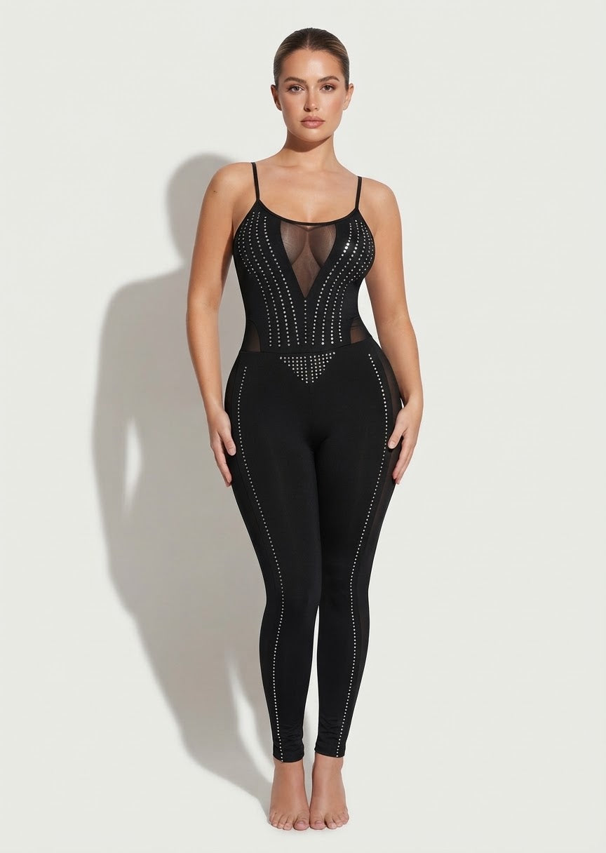 Black Rhinestone-Embellished Sheer Panel Jumpsuit