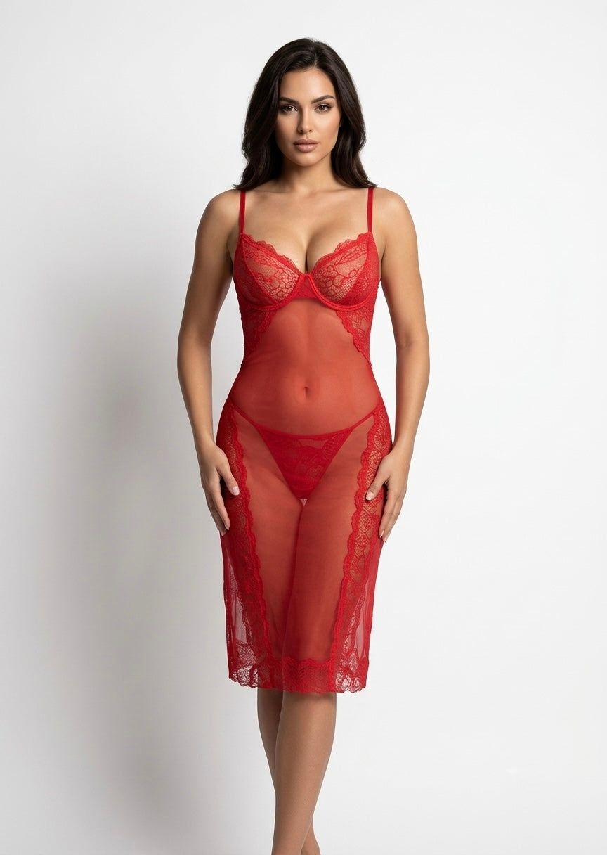 Crimson Lace Panel Slip Dress