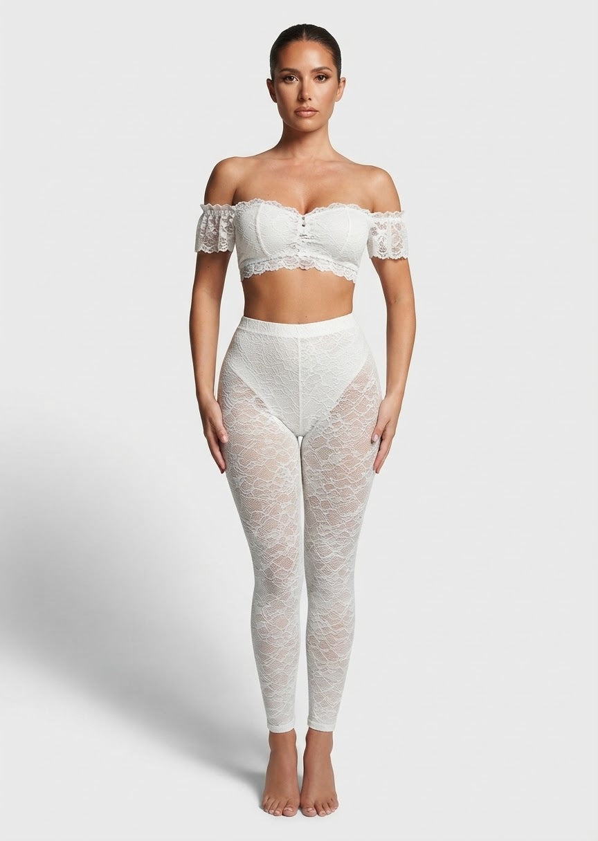 White Off-the-Shoulder Lace Crop Top & Leggings Set