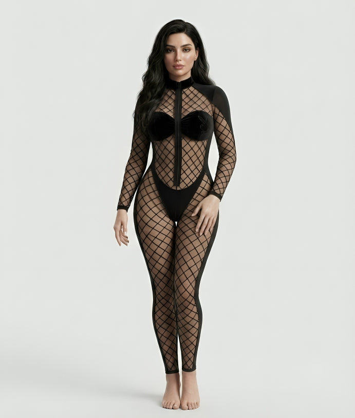 Sleek Black Fishnet Zip-Up Jumpsuit