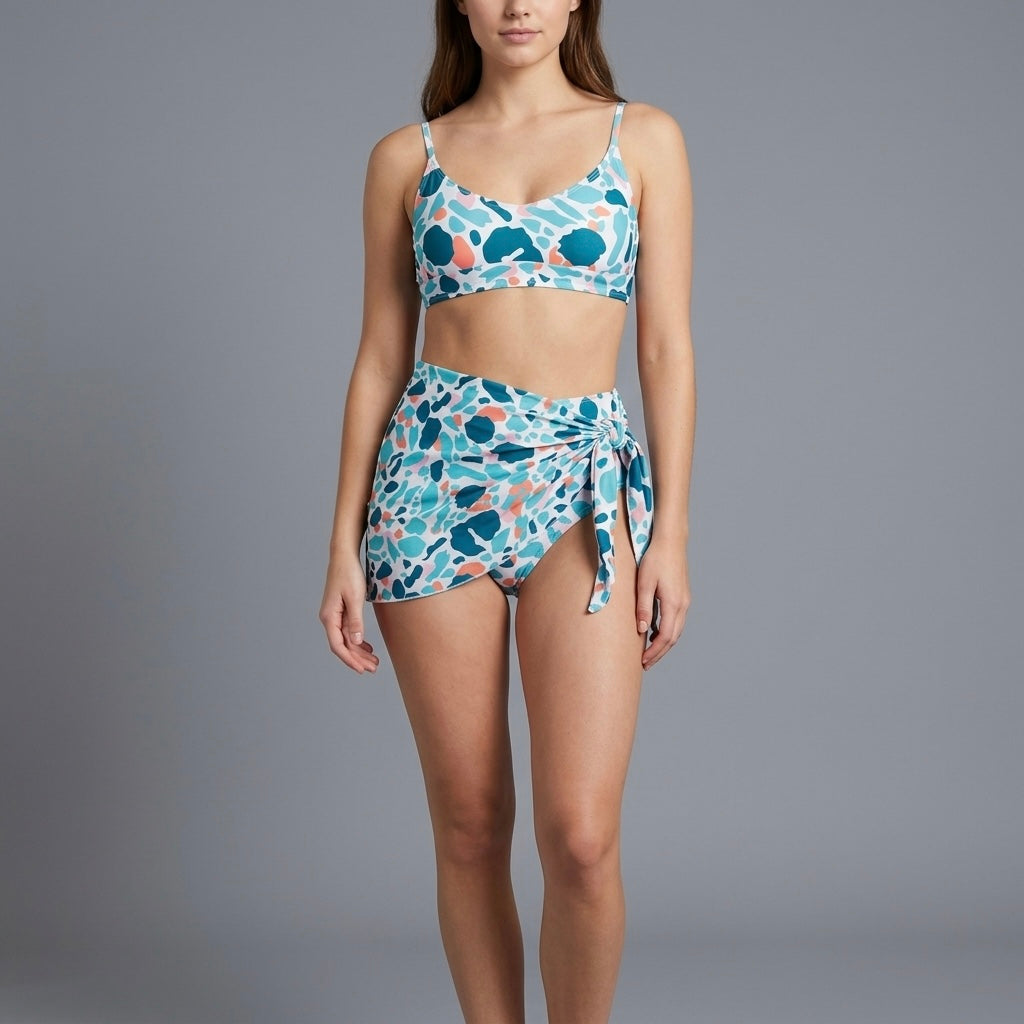 Abstract-print bikini with sarong-style skirt