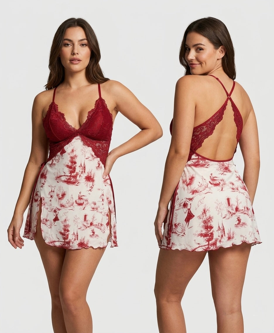 Lace & Toile Print Babydoll Chemise