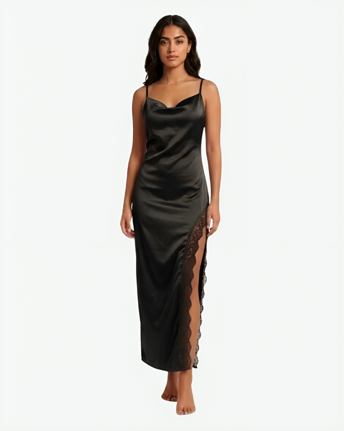 Long Satin Nightgown with Cowl Neck & Lace Side Slit