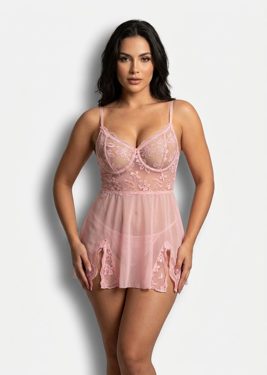 Blush Floral Lace Slit Babydoll