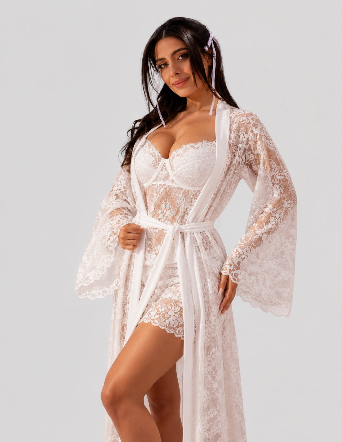 Ethereal White Lace Robe & Chemise Set