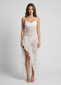 Ivory Lace Cowl-Neck Ruffled Maxi Gown