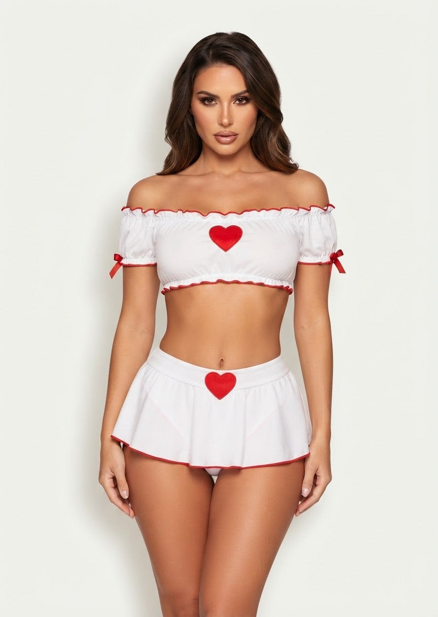 Sweetheart Nurse Off-the-Shoulder Crop Top & Skirt Set