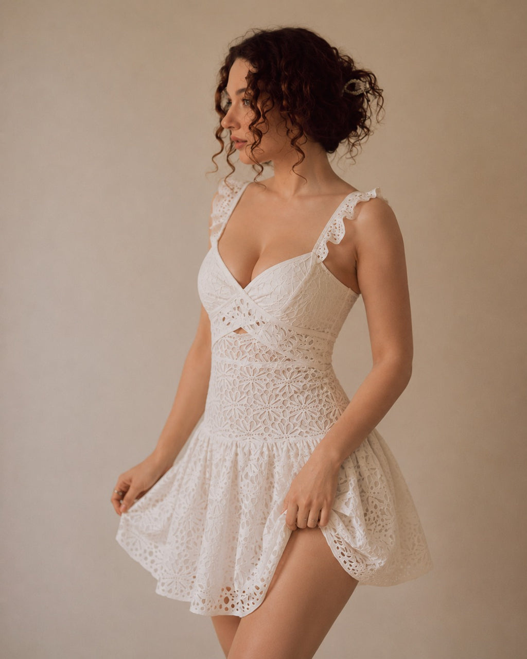 Ivory Eyelet Lace Ruffled Skater Dress