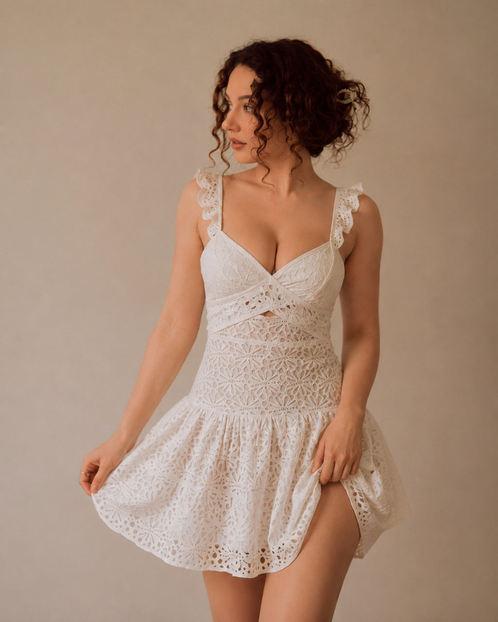 Ivory Eyelet Lace Ruffled Skater Dress