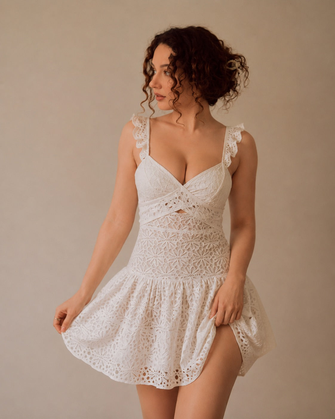 Ivory Eyelet Lace Ruffled Skater Dress