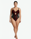Burgundy and Black Lace Teddy Bodysuit with Sheer Mesh Panels