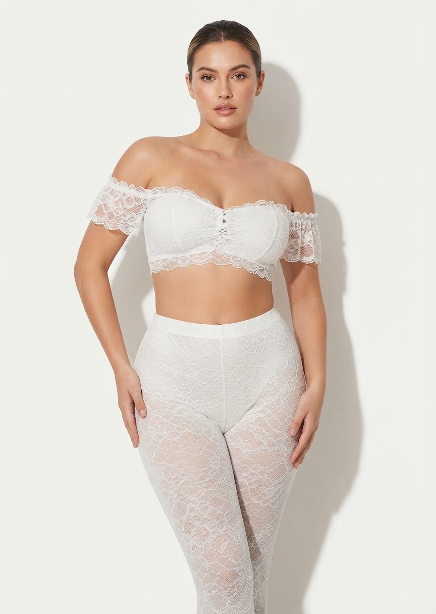 White Off-the-Shoulder Lace Crop Top & Leggings Set