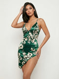 Elegant Satin Floral Asymmetric Mini Dress with Chain Detail