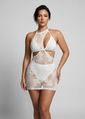 Tropical Leaf Mesh Halter Mini Dress