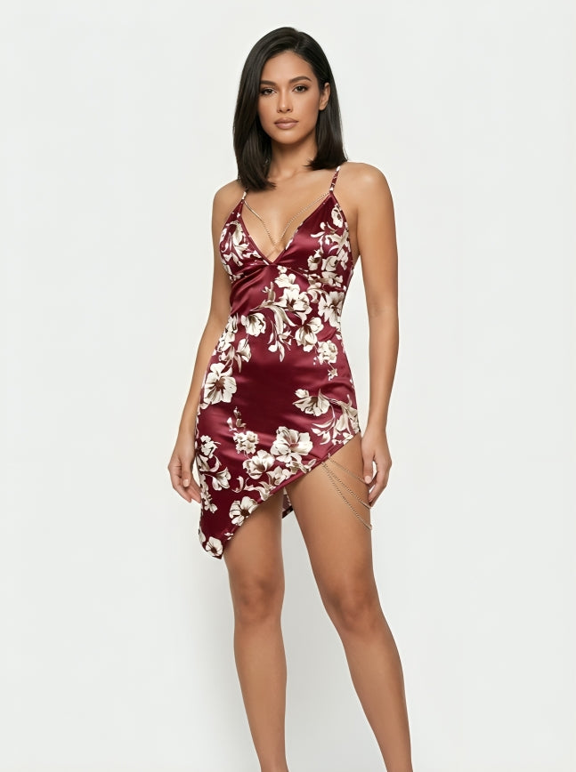 Elegant Satin Floral Asymmetric Mini Dress with Chain Detail