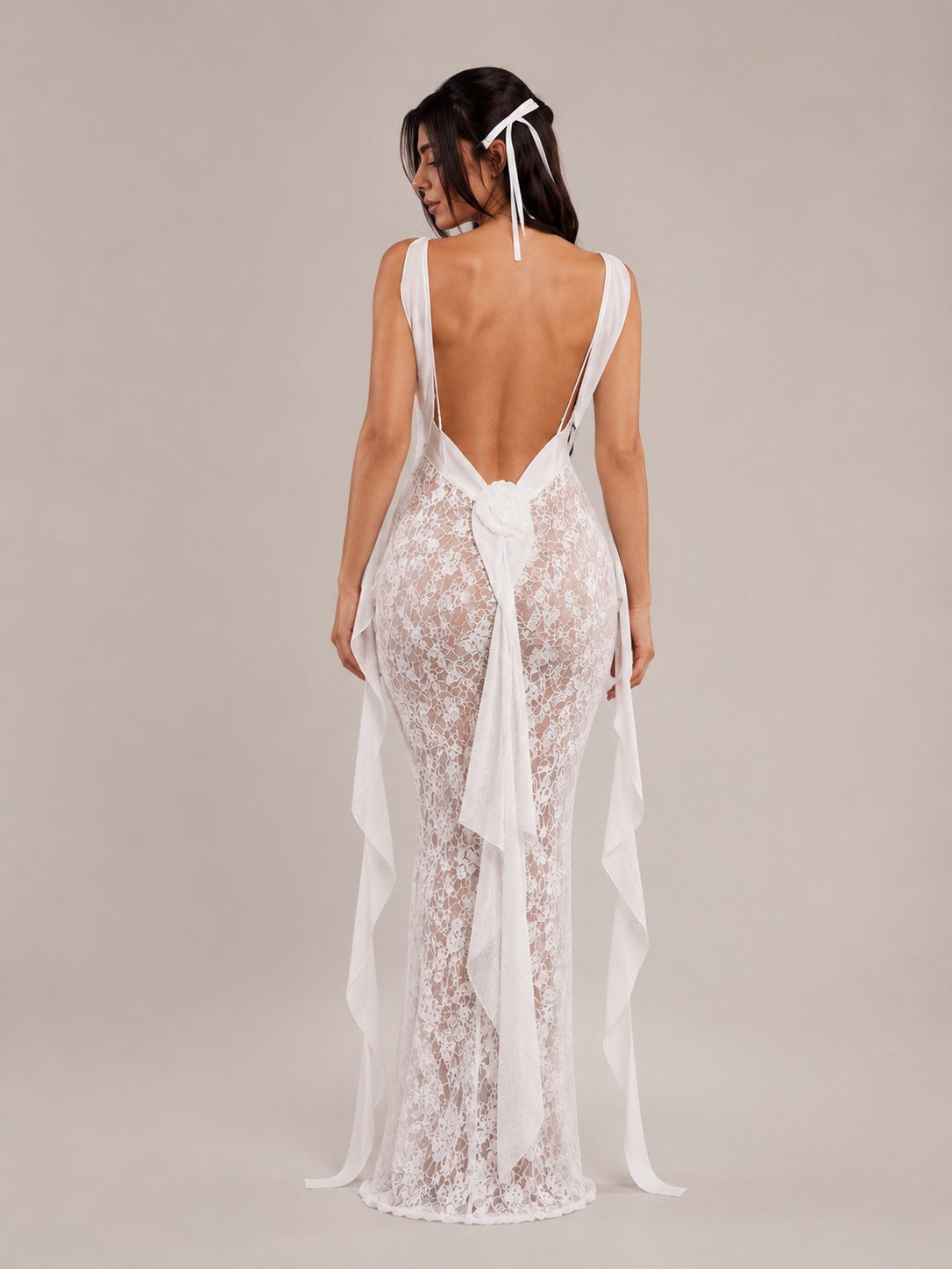 Ivory Lace Corset Maxi Gown with Drapes