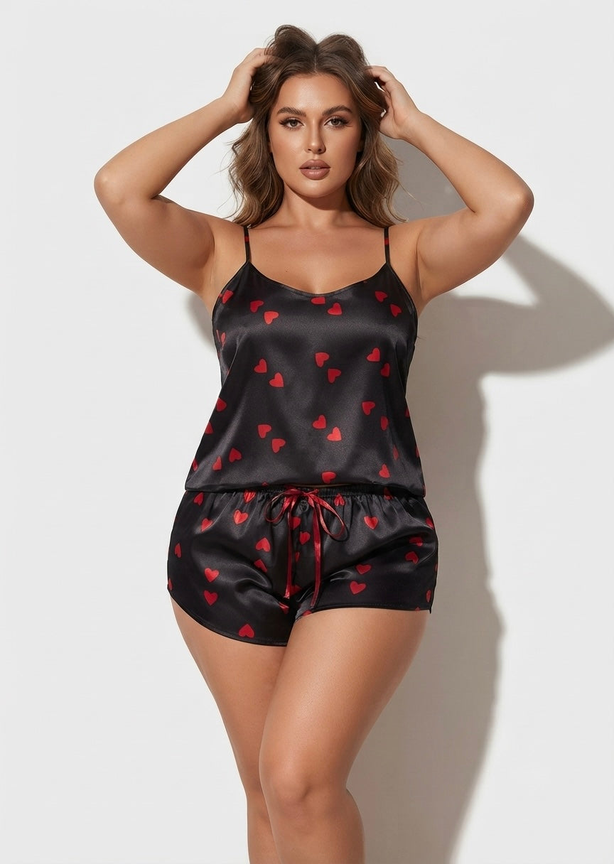 Satin Red Heart Print Camisole & Sleep Shorts Set