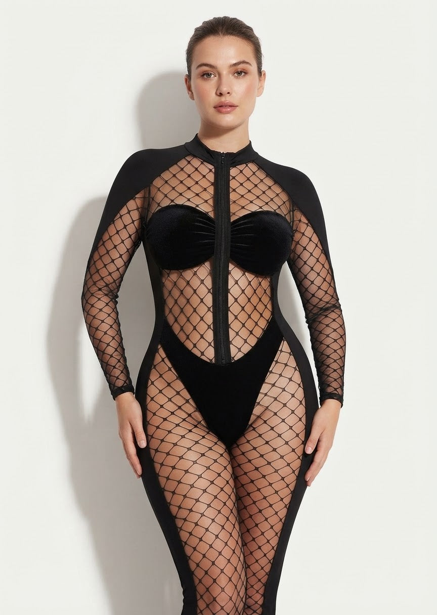Black Velvet & Fishnet Full-Body Jumpsuit