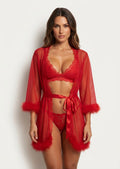 Crimson Feather-Trim Robe, Lace Bralette & Panty Lingerie Set