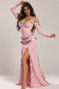Cold-Shoulder Silver Coin Maxi Belly Dance Dress