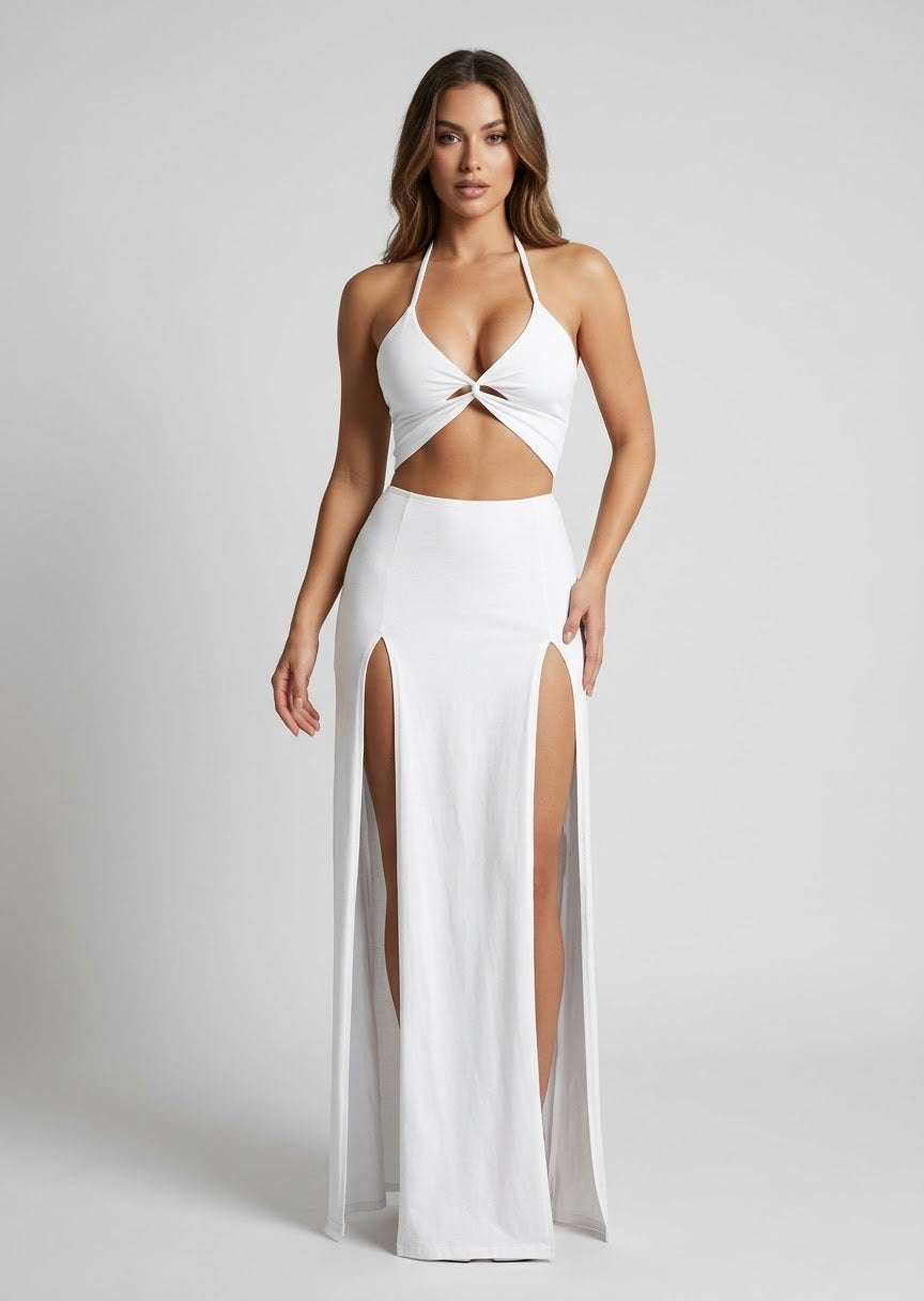 Twist Halter Crop Top & Dual-Slit Maxi Skirt Set