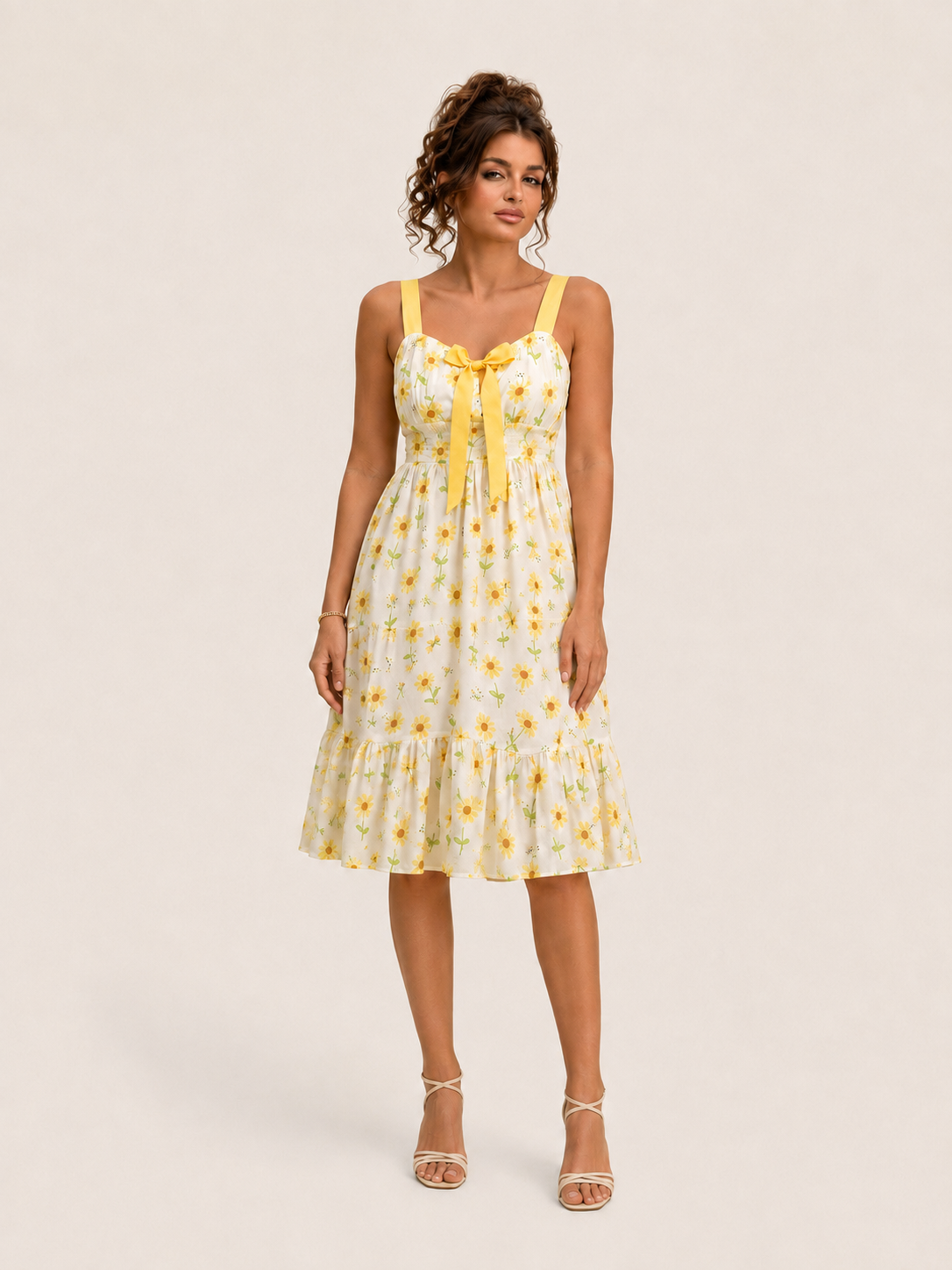 Sunflower Print Midi Dress with Sage Bow
