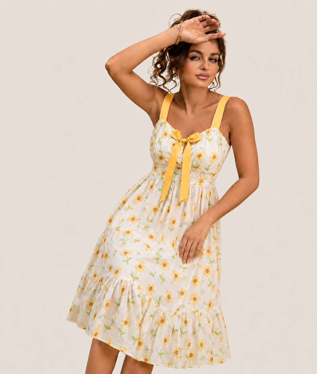 Sunflower Print Midi Dress with Sage Bow