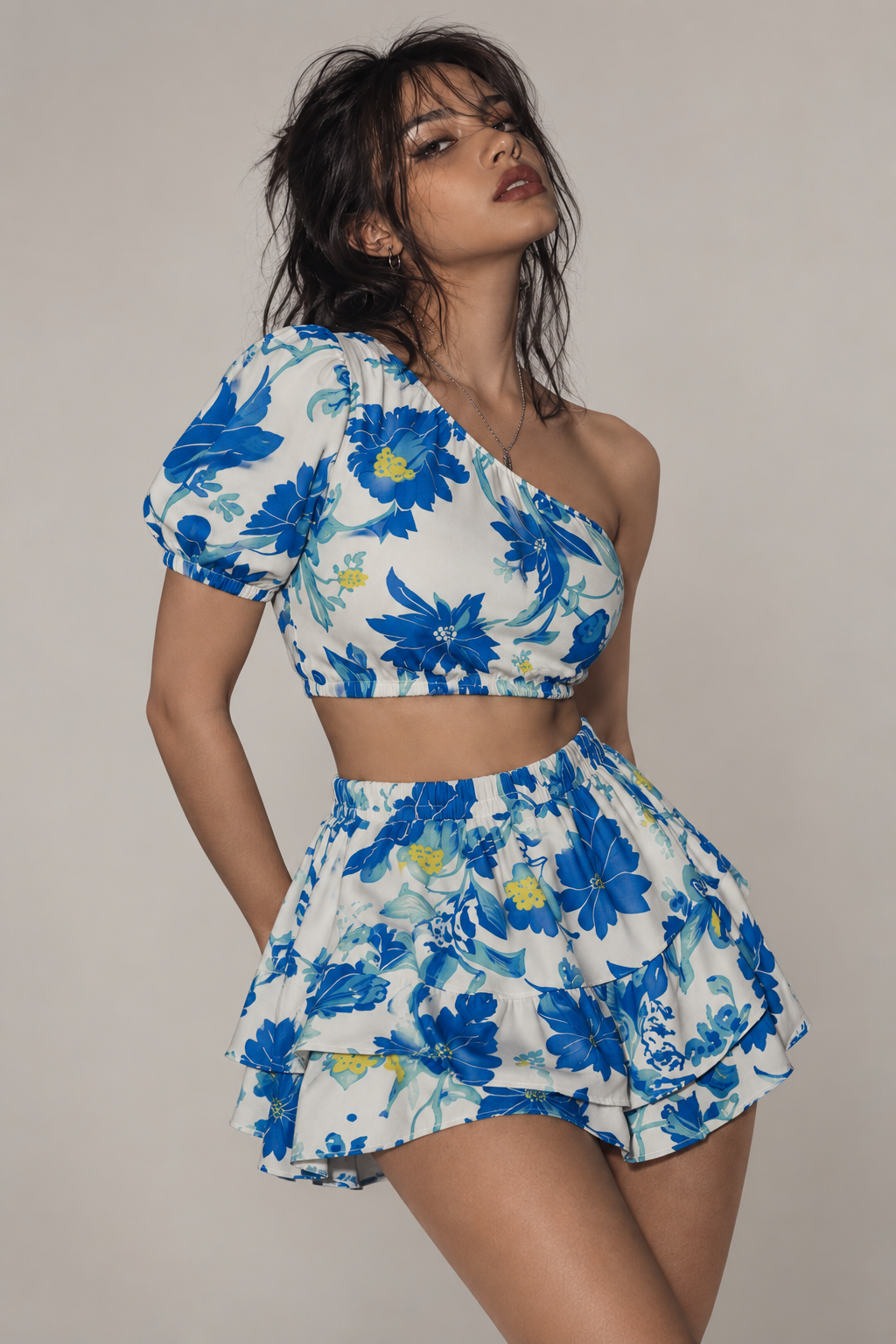 One-Shoulder Floral Print Ruffle Crop Top & Skort Set