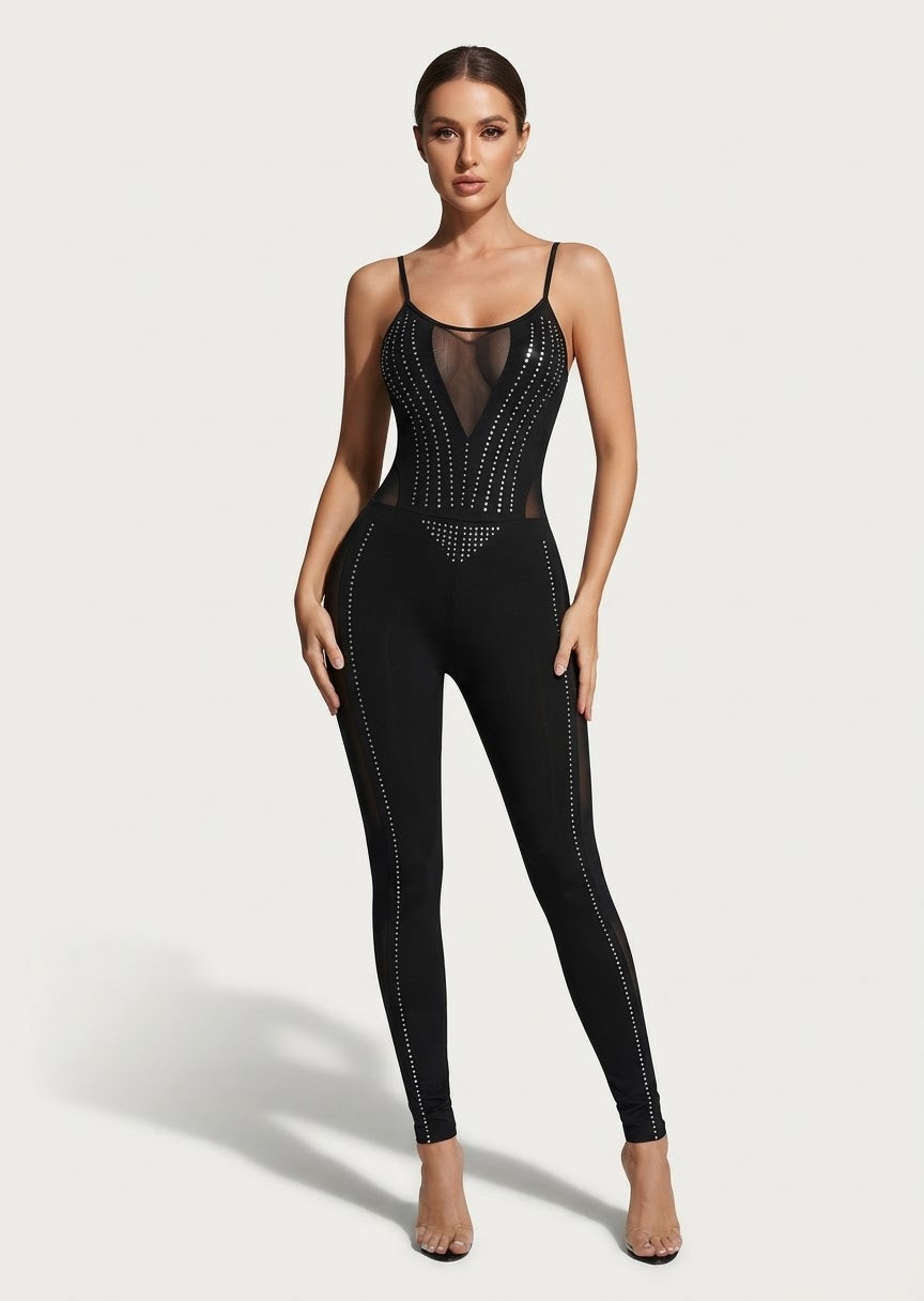Black Rhinestone-Embellished Sheer Panel Jumpsuit