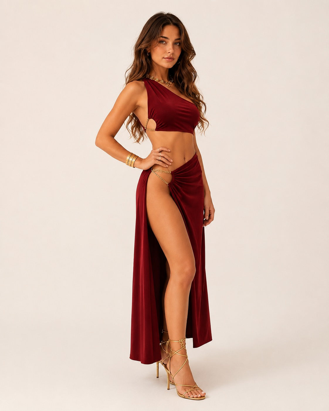 One-Shoulder Chain Maxi Set