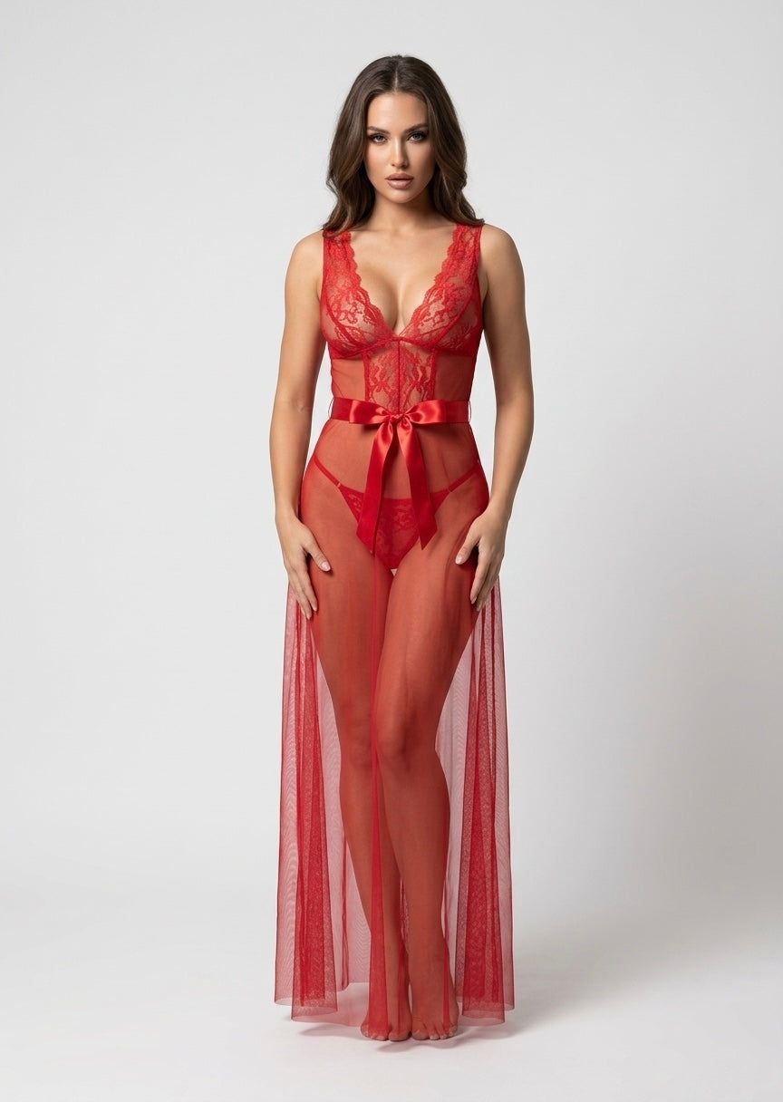 Crimson Lace Bow Maxi Gown