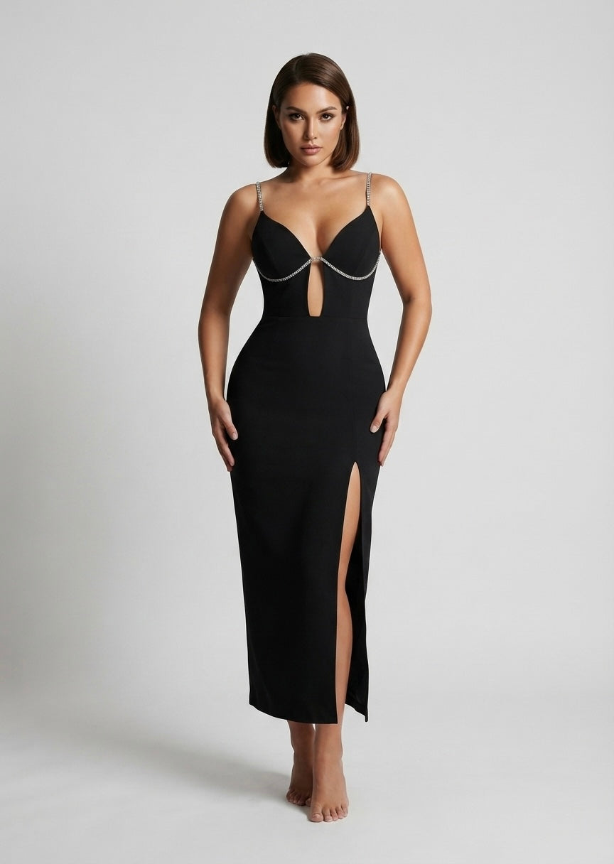 Midnight Rhinestone Strap Cut-Out Maxi