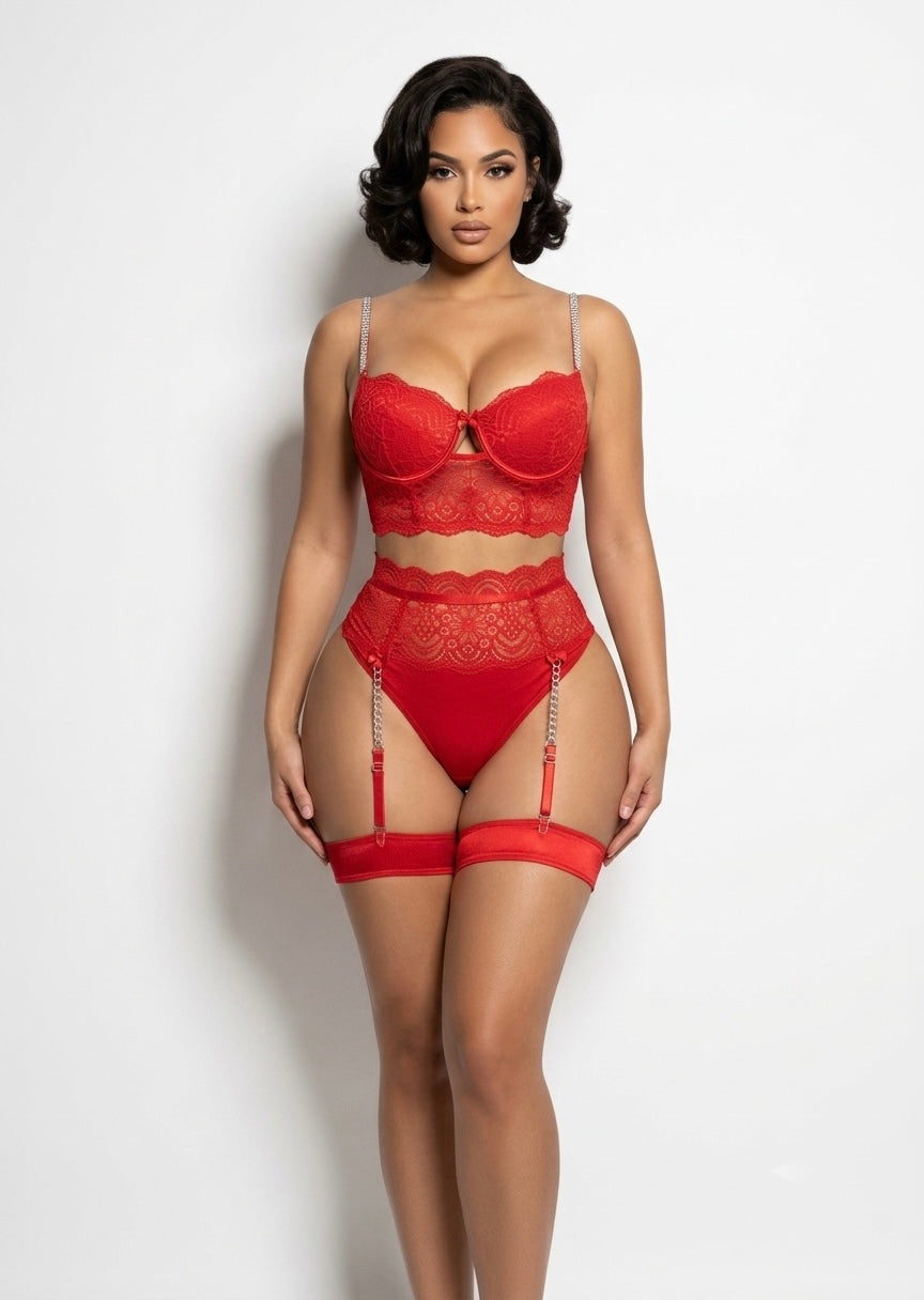 Lingerie Set with Rhinestone Straps & Garter Belt