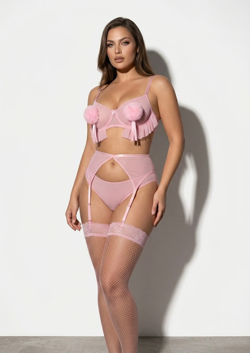 Lingerie Set with Ruffled Bra & Garter Belt