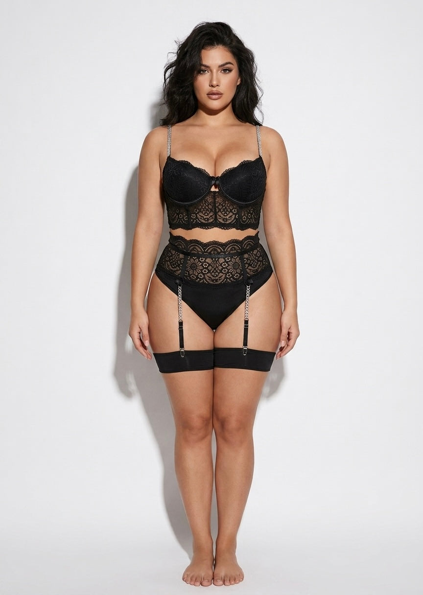 Lingerie Set with Rhinestone Straps & Garter Belt