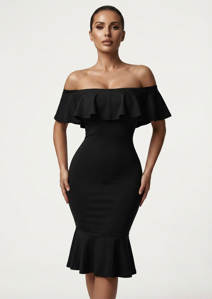 Elegant Off-Shoulder Ruffle Hem Midi Dress