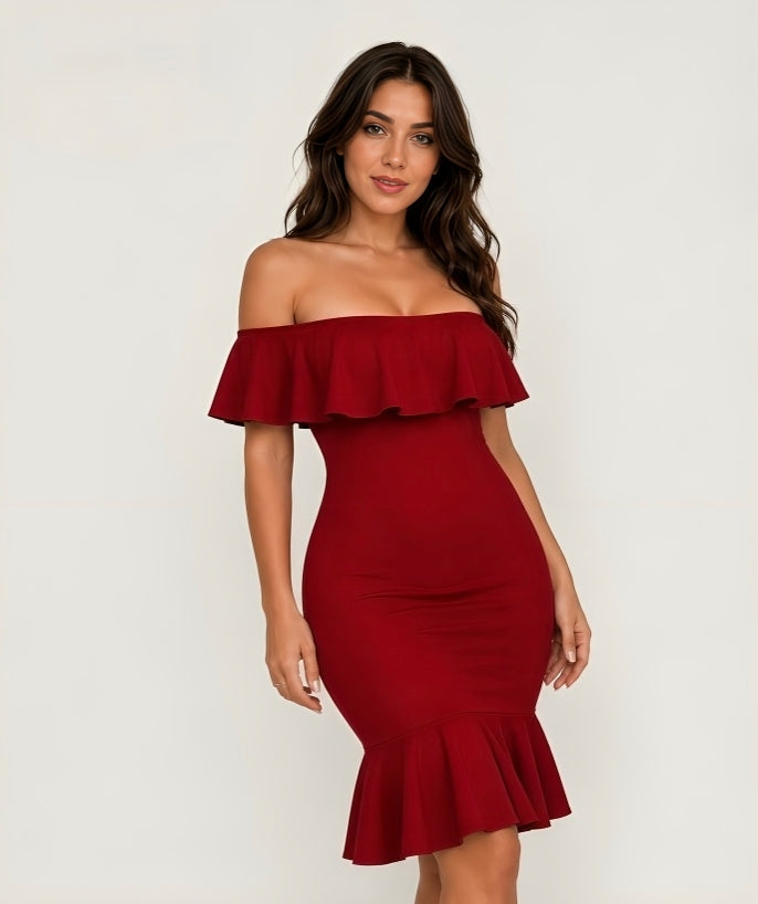 Elegant Off-Shoulder Ruffle Hem Midi Dress
