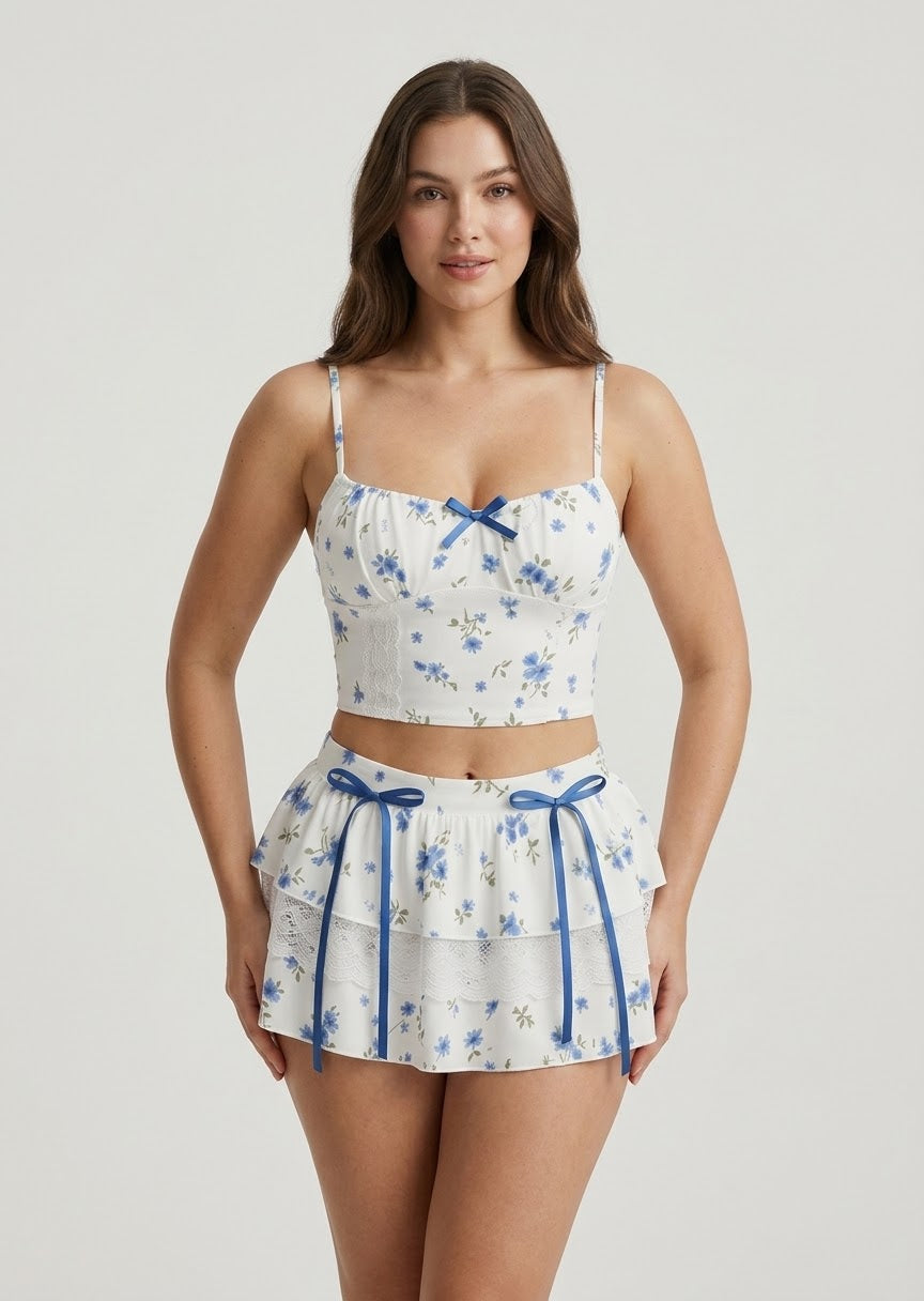Blue Floral Ribbon-Accented Cami & Skirt Set