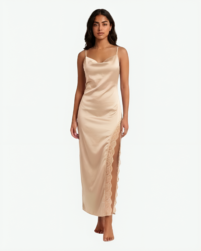 Long Satin Nightgown with Cowl Neck & Lace Side Slit