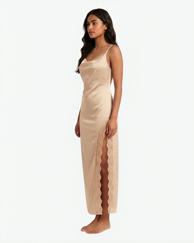 Long Satin Nightgown with Cowl Neck & Lace Side Slit