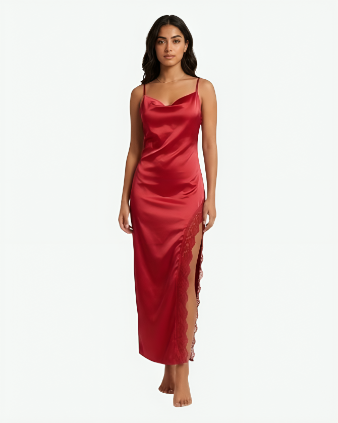Long Satin Nightgown with Cowl Neck & Lace Side Slit